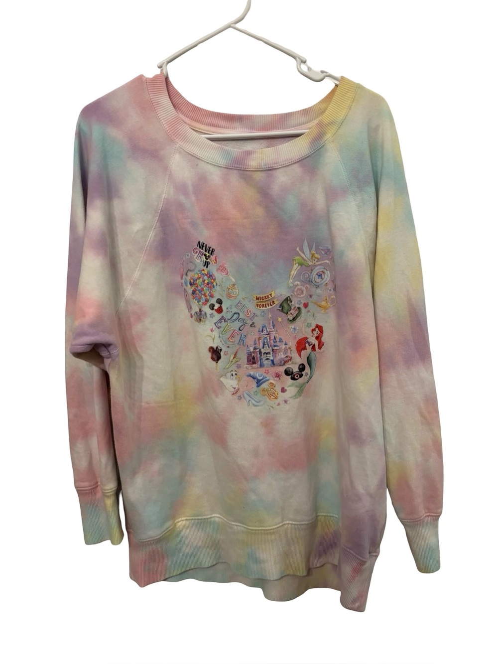 SO Pastel Tie-Dye Y2K Crewneck Relaxed Sweatshirt Disney Character Collage Small
